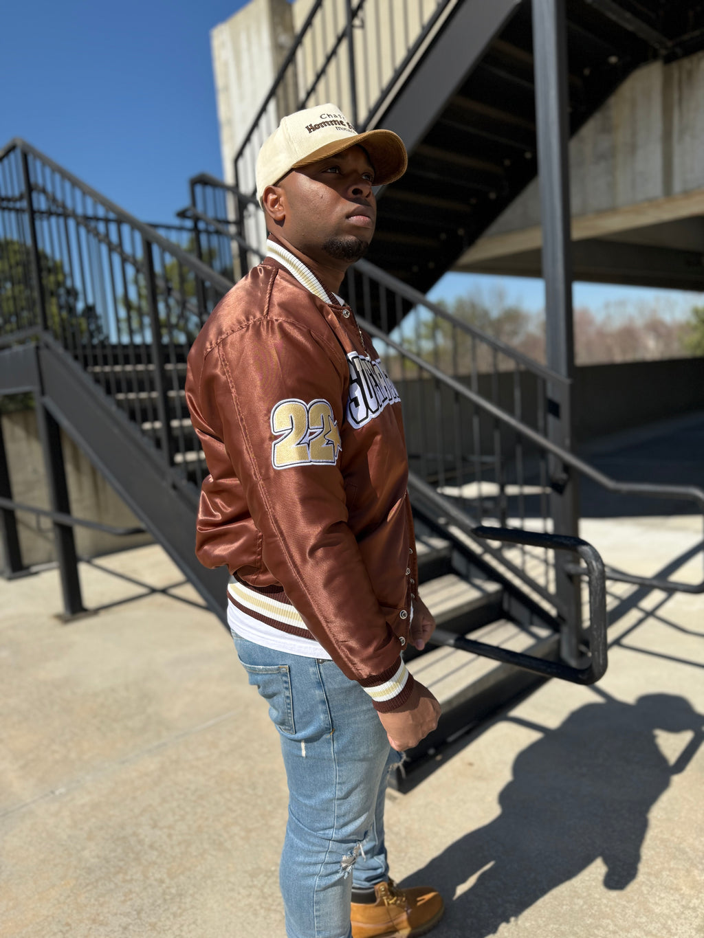 Brown & Sand Tan Satin Bomber