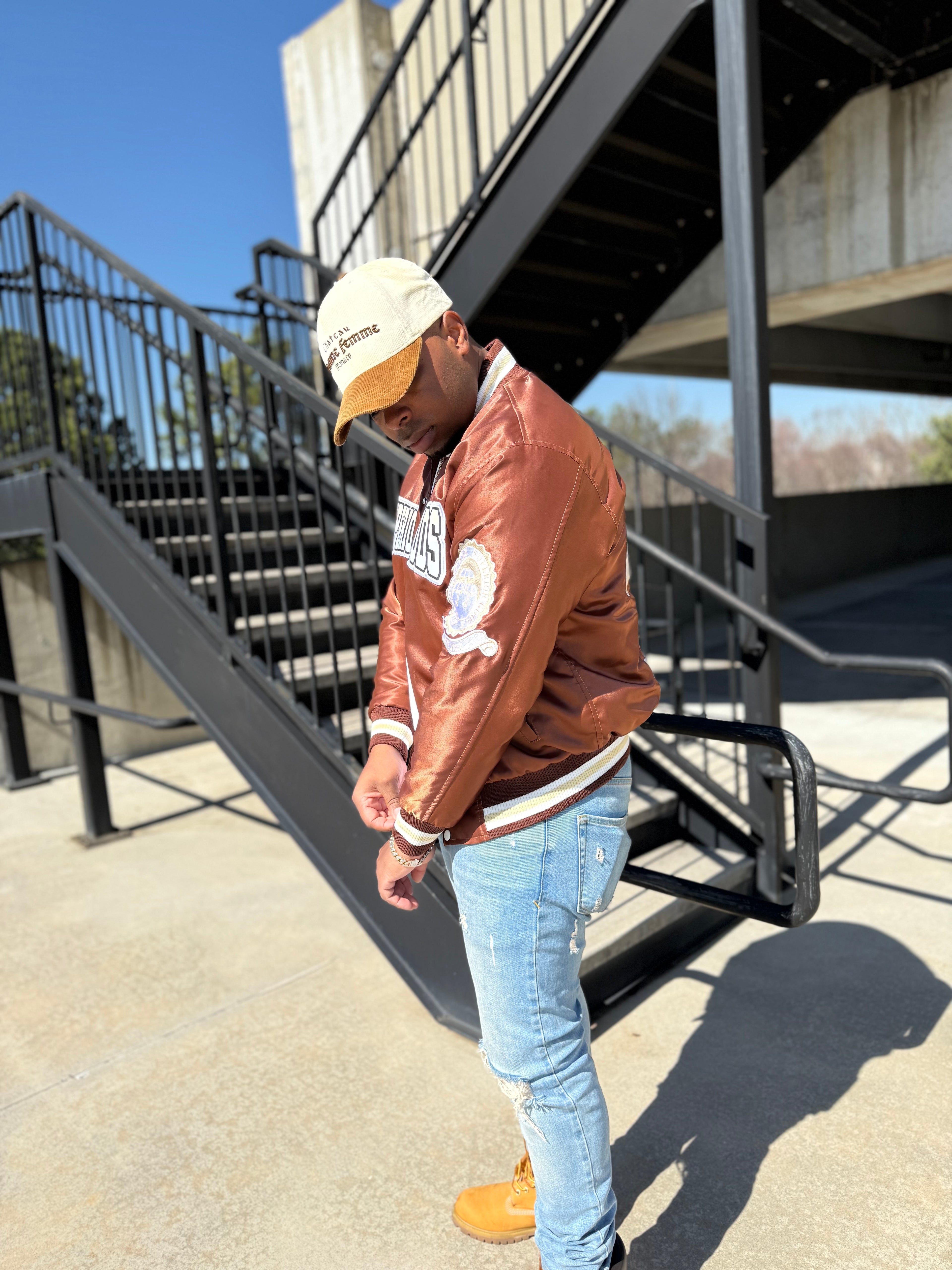 Brown & Sand Tan Satin Bomber