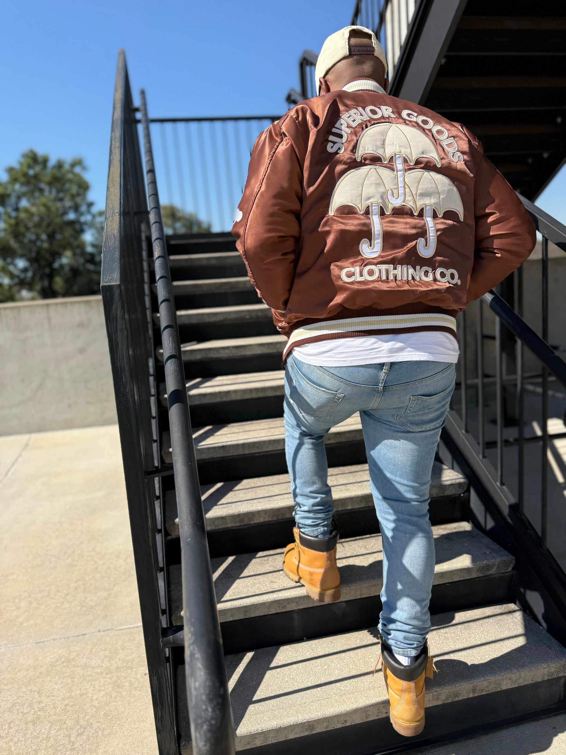 Brown & Sand Tan Satin Bomber